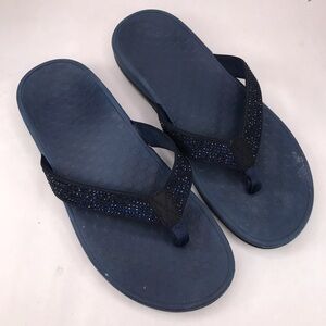 Vionic Size 10 Tide Navy Blue Rhinestone Orthotic Post Toe Flip Flops Sandals